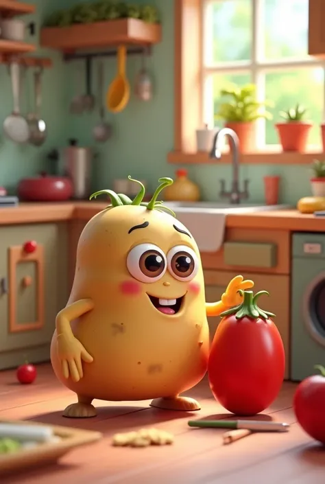 Prompt: A 3D cartoon potato with a happy expression, pointing towards a bright red, shiny tomato. Both characters have big, expressive eyes, standing in a colorful kitchen scene with playful, animated objects around them.
