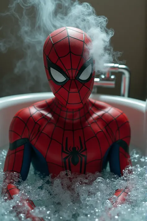 Spiderman taking a bath and smoking realistic