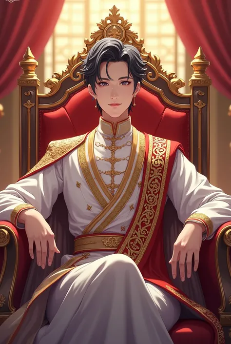 prince。Elegant and beautiful craftsmanship、Sitting on a decorated chair、Conducting government affairs。
美しいprince。Anime Style。