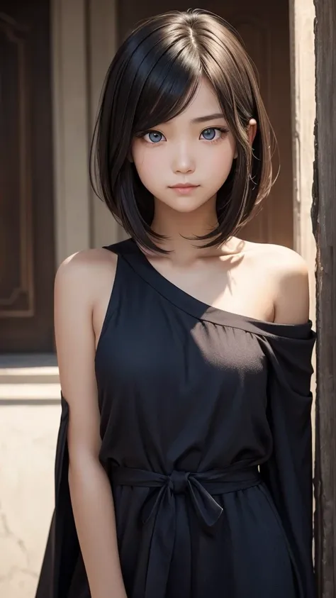 a girl who has short, beautiful shoulder-length hair and eyes that have the impression of a sharp gaze and has a cheeky and indifferent facial gesture