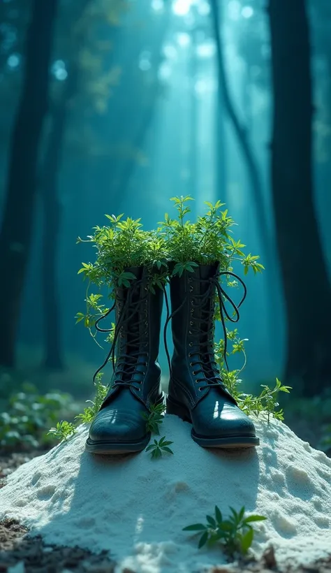 ((Best Quality)), ((masterpiece)), (detailed),
Mysterious forest with blue as the background。
White sand falls from the sky and forms a mountain。
There are boots on the sand dune。
The boots are overflowing with chickweed.。
The spotlight is on the boots。