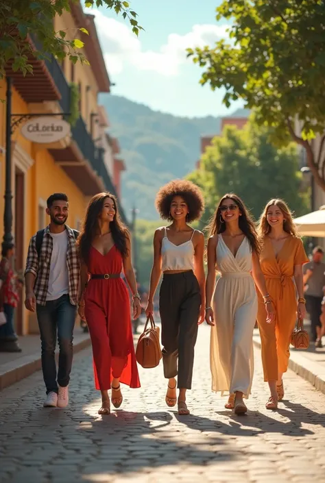 adult college students, elegant, happy, walking down the street in colombia