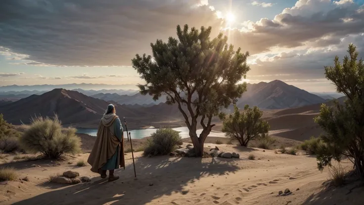 create a very detailed image of moses in the desert at the top of mount sinai with his wooden staff and him looking in front of him at a bush. "burning bush reported biblically" catching fire among its branches and leaves, god talking to Moses, God behind ...