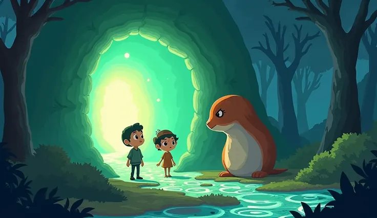 Entering the Magical World*:  
"As  Chirp and  Golu step through a glowing magical door, they find themselves in a surreal, inverted world. The sky is green, the trees are blue, and the ground shimmers with strange patterns. A mystical creature, Bigu, stan...