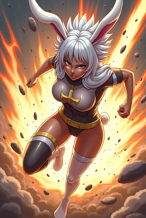 Boku no hero academia comics panel of a female she has White hair, and she has bunny ears and tails that are white she is a hero, she is wearing mirko’s hero costume and with thigh high shoes  with the hero costume and she have the quirk control (The quirk...