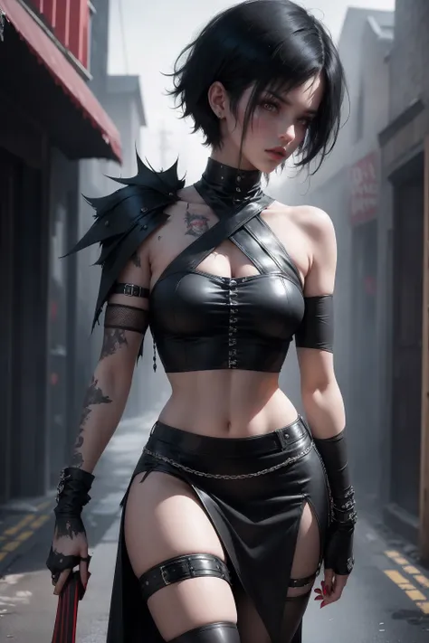 a woman with short black hair, hair on shoulders, wearing a black cropped and plaid skirt, blue eyes, zombie art, gothic art, cute aesthetic with vibe, toon aesthetic, wearing red costume, wearing gothic accessories, look like Cassie Hack, whole body, walk...