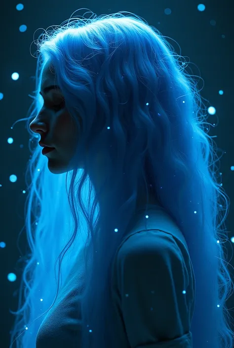 Long wavy hair, in a deep shade of blue that seems to glow like a night sky, with small points of light that resemble stars.