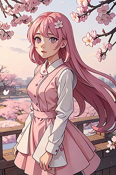 A goddess-like woman。Her hair is pink、Pink eyes。The clothes are a neat dress with modest exposure.。The background depicts a spring world with cherry blossom petals.