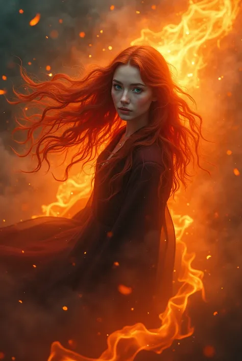 A masterpiece depicting a beautiful white girl, Burning, Surrounded by flames, dota2 fire girl style, Ghost Knife Style, Fiery hair, Long Red Hair, watery blue Big eyes, Narrow waist, Wide Hips, Wizard Robe, Magic colors, World of Warcraft Style, by Blizza...