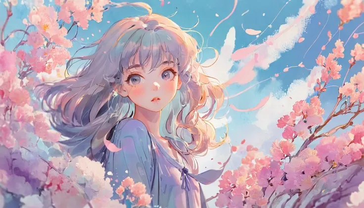 watercolor anime style, (Auyumn) digital art,pastel light color background, Cute art, blown by the wind, cute whimsica