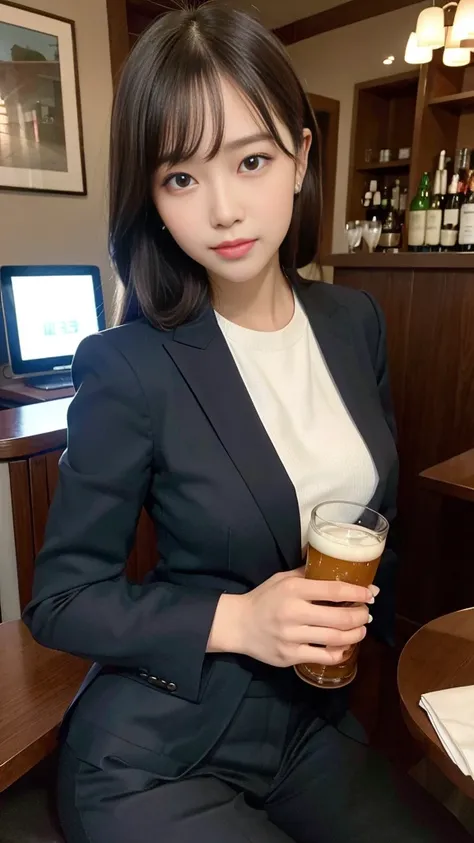 masterpiece, Ultra-high resolution, 4K, Best Quality, 1 person, whole body, Beautiful and exquisite face, Beautiful, smooth skin, Skin Texture, round face, Droopy eyes, Stylish bar, Holding a draft beer in one hand, Mug glass, I have a beer,   Sitting in a...