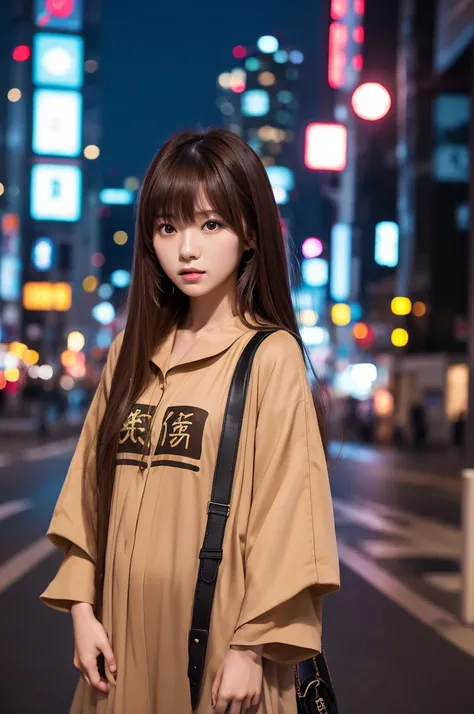 Beautiful 20 year old Japanese woman。Long brown hair with bangs。Luxury branded clothing。time：night。background：Japanese cities。season：summer。High resolution。8k。Very angry。