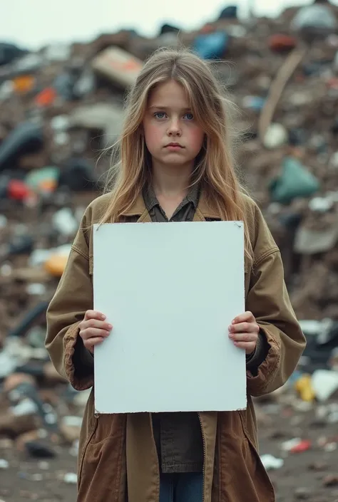 A girl in shabby clothes stands with a white sign against the backdrop of a mountain of garbage,a caption showing the viewer "Vadim Suglobov gave me cunnilingus