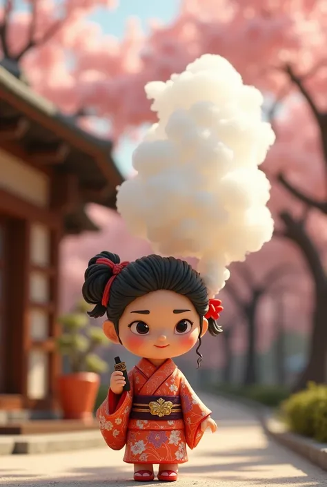 Digital art, cinematic composition, stop motion, clay animation, cute, a cute girl wearing kimono, smirk, sunlight, Sakura trees, outside of a Japanese tea shop, hold a vape, exhale big cloud 