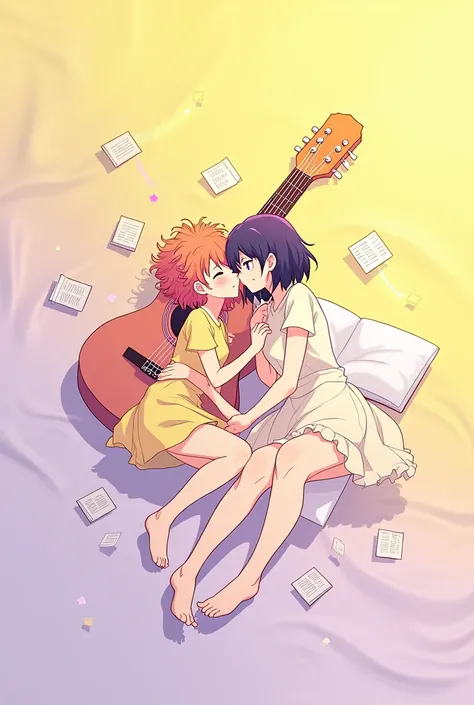 Two women, one with curly hair while the other with short hair. use the figure of a guitar, books and sheets. with a lilac and yellow backgroundMotion lines, Lens flareBright light, Anime style, minimalism, 