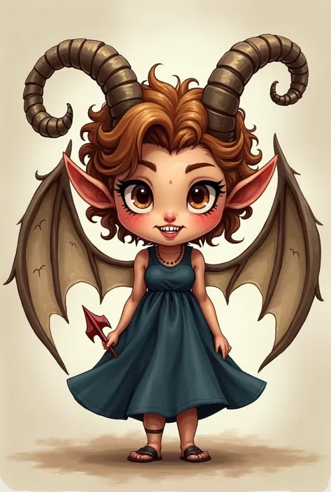 Big but short, cartoon Furry art, brown/almond color , a ram/demon/fallen angel girl with 4 Angel wings, Brown eyes, curly chestnuts Brown hair with fracles, a dark Navy blue dress and with sharpe pointy theeth