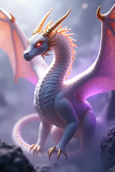 Long white dragon with golden details and purple aura