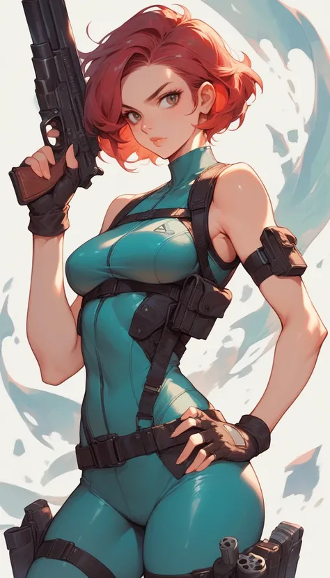 1girl, weapon, gun, solo, red_hair, handgun, short_hair, gloves, hand_on_hip, holster, fingerless_gloves, zoom_layer, belt, holding, bodysuit, breasts, holding_weapon, bare_shoulders.