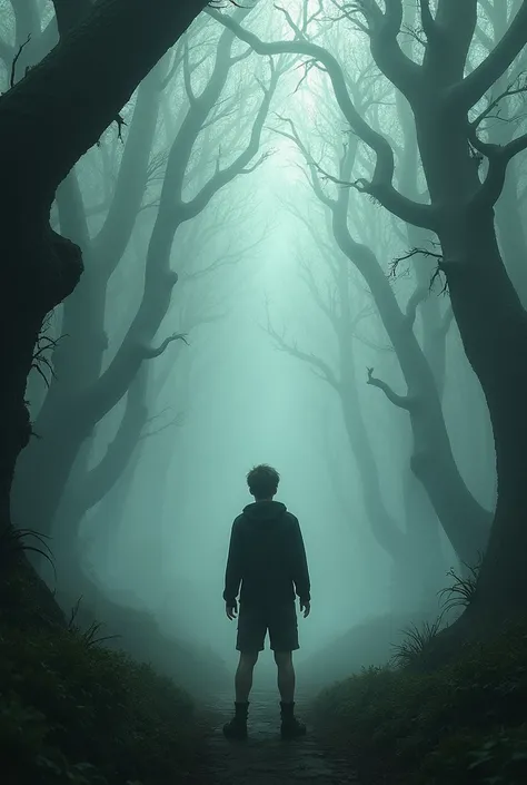 Can you create an image for me of a young man in the middle of a forest, 2, and he is in a cloudy forest with a terrifying type of fog, but he and the forest can be seen in the middle, but he is turned away, but the forest is at the same time beautiful, bu...