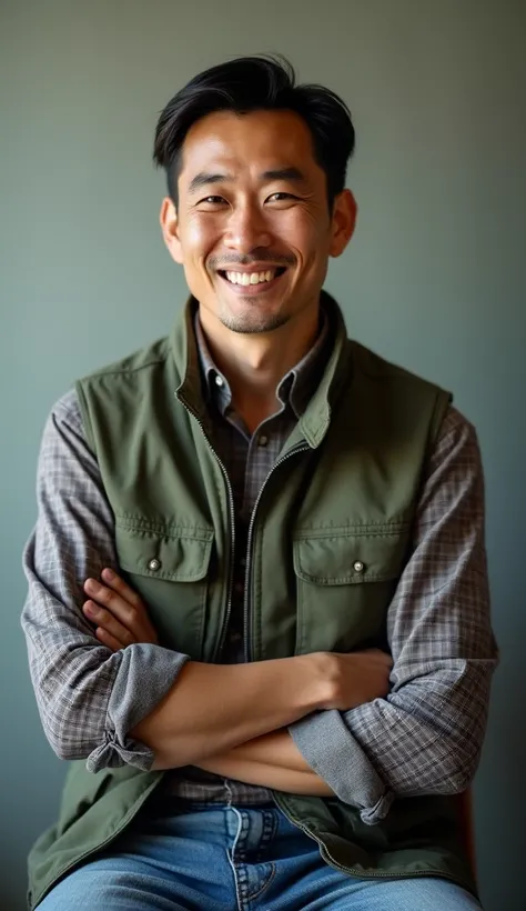 a photographer man with short black hair, wearing a green vest, checkered long-sleeve shirt, and jeans, kind expression