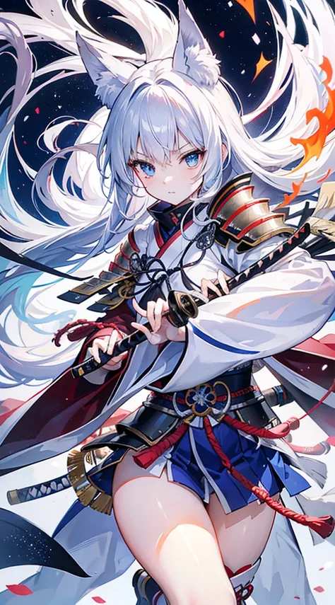 high qulity, tmasterpiece, ultra - detailed, White Fox Samurai, long whitr hair, captivating blue eyes, Holding a katana, Japanese-style armor, fiery background