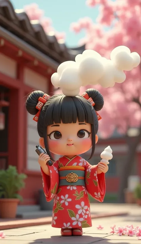 Digital art, cinematic composition, stop motion, clay animation, cute, a cute girl wearing kimono, smirk, sunlight, Sakura trees, outside of a Japanese tea shop, hold a vape, exhale big cloud