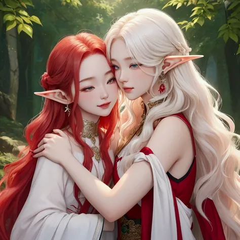 close up shot of an English woman with long wavy bright red hair posing with a cute baby faced Korean guy with shoulder length platinum white blonde hair, photoshopped image, bright, HD, detailed outfit, professional photography, small earrings, unique fan...