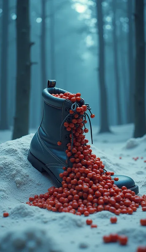 ((Best Quality)), ((masterpiece)), (detailed),
Mysterious forest with blue as the background。
White sand falls from the sky and forms a mountain。
One boot is on the sand dune。
The boots are full of red goji berries.。
Red goji berries overflowing from the b...