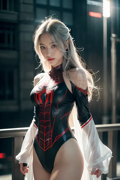 (Extreme Detail CG Unity 8K Wallpapers，tmasterpiece，Highest image quality)，(Delicate light and shadow，The picture is highly dramatic，Cinematic lens effect)，full bodyesbian，A girl in a short white Spider-Man dress，Silver-gray hair color，From the Spider-Man ...