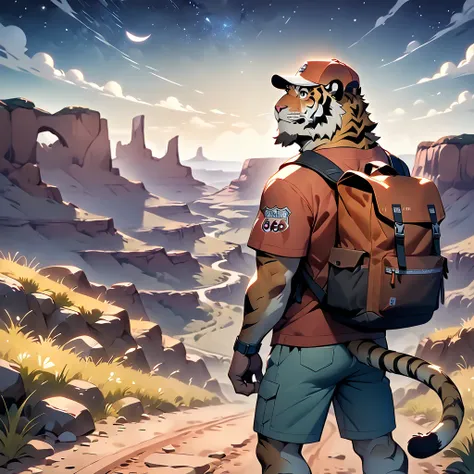 masterpiece, best quality, very aesthetic, absurdres, BREAK noise reduction, BREAK super fine illustration, insanity detailed, ultra detailed, BREAK [face:full body:10], looking away, from above, american country, BREAK backpacker, plump middle-aged tiger ...