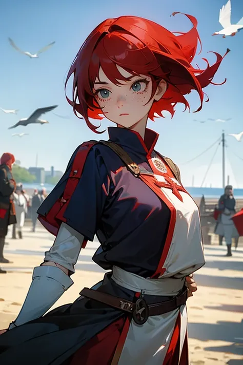 Shortcuts、girl、Medieval military uniforms、port、Seagull、Red Hair、Freckles、whole body、Sabre sword、Cool Eyes