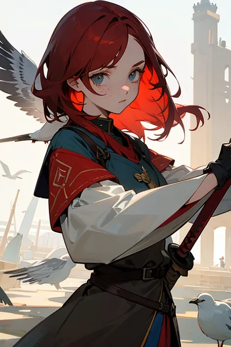 Shortcuts、girl、Medieval military uniforms、port、Seagull、Red Hair、Freckles、whole body、Sabre sword、Cool Eyes