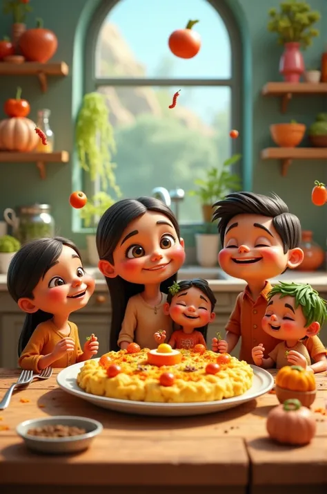 Prompt: A joyful family of cartoon characters (people and animated vegetables) is gathered around a table, enjoying the aloo-tamatar dish. The scene is set in a colorful, fairytale-like kitchen with a 3D cartoon landscape, filled with bright utensils and f...