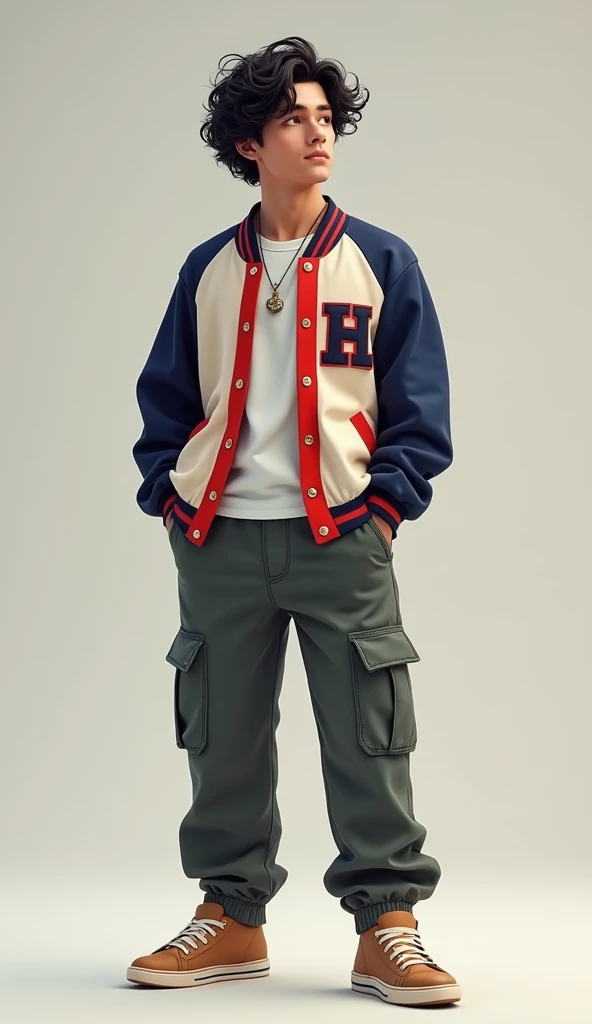 a handsome white Asian man, curly hair, wearing a varsity shirt, wearing baggy cargo longpants