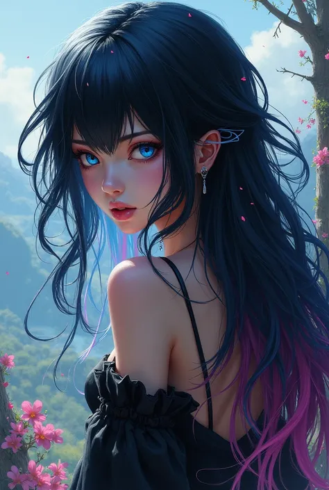 NazunaKaga, blue eyes, multicolored hair, black hair, pink hair, long hair, two side upImpressionismo, Vista traseira, 