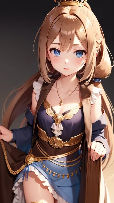 8k hd a girl，1，blue eyes，brown long hair，Tie a ponytail，carrying crown decoration，wearing a dress，carrying a necklace