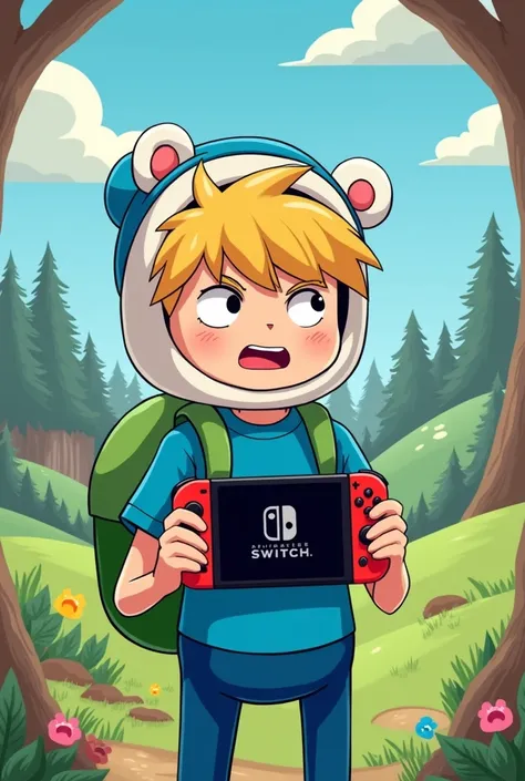 Finn the human from Adventure Time, holding a nintendo switch