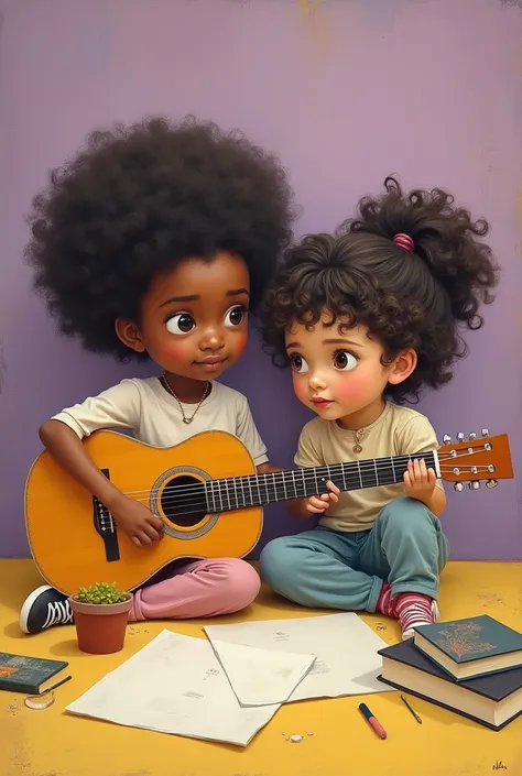 two girls, one with curly hair while the other with short hair. use the figure of a guitar, books and sheets. with a lilac and yellow background Ashcan School, 