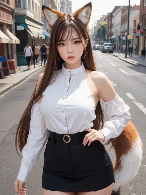 ((Best Quality, 8k)), ((masterpiece)), (Highest Resolution), Perfect Face, Woman with fox ears, Woman with a tail, Beautiful woman, It was taken on the street, Only one tail, She has thick thighs, Her big fox tail, I can see her fox tail, She wags her tail...