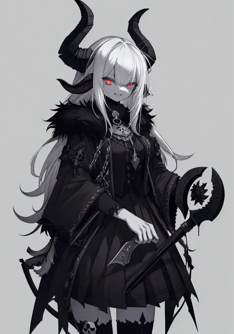 
goat head, war axe, 4th eye in skull, black fur, ragged skirt, dark fantasy, dark moody atmosphere, manga, drawing, black and white, 4 eyes in the goat skull, white hair, evil smile, sharp teeth, white skin