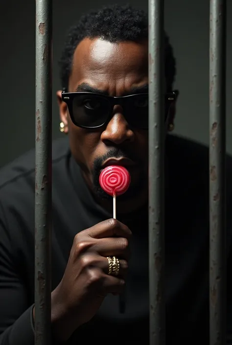 P Diddy behind bars wearing dark shades and eating a lollipop