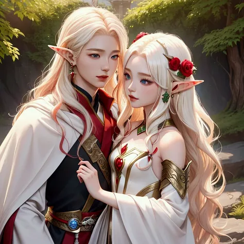 close up shot of an English woman with long wavy bright red hair posing with a cute baby faced Korean guy with shoulder length platinum white blonde hair, photoshopped image, bright, HD, detailed outfit, professional photography, small earrings, unique fan...