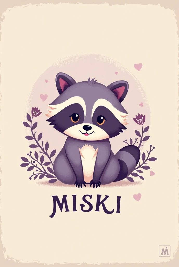 Create a logo with the purple color palette with a vintage style that has a raccoon as its main element and its name is miski raccoon and the slogan would be as sweet as you