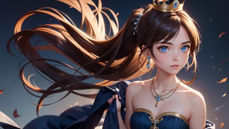 8k hd a girl，1，blue eyes，brown long hair，Tie a ponytail，carrying crown decoration，Wearing a strapless dress，carrying a necklace