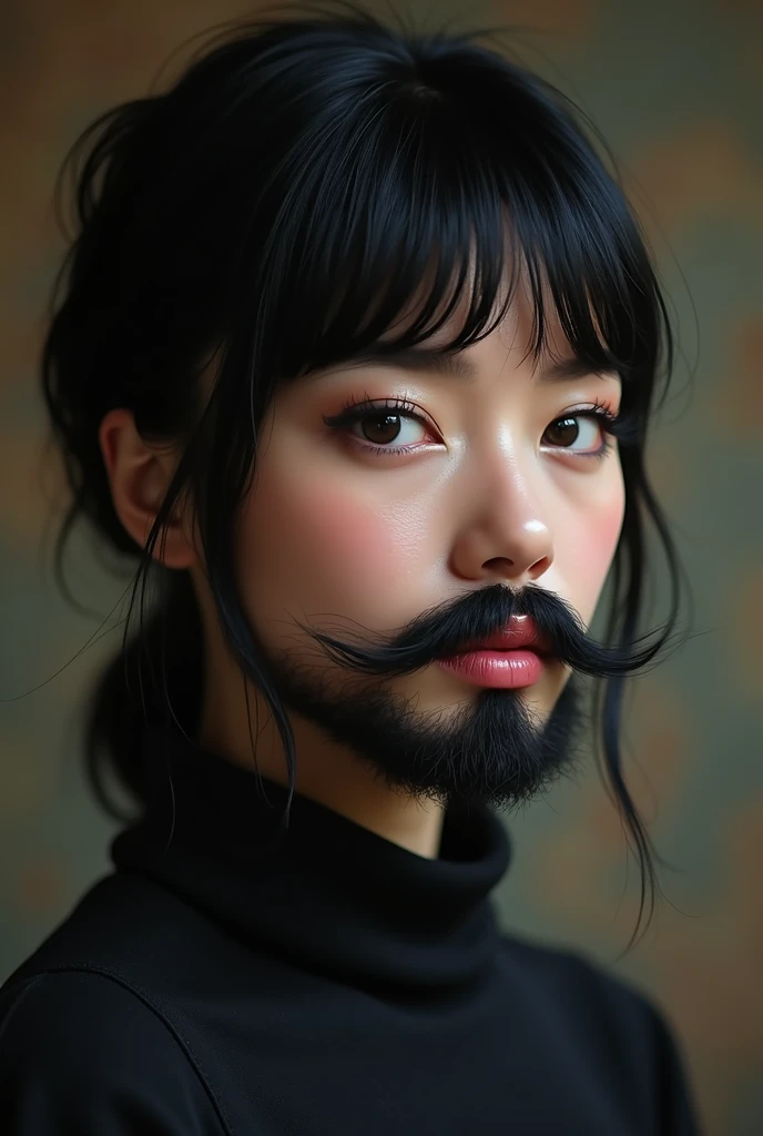 Ultra-Realistic precise portrait, masterpiece portrait, young caucasian woman with a well-trimmed hairy black beard and mustache, medium-short black hair with side bangs, beautiful long mustache, beautiful eyes, Beautiful Make Up, solo, high resolution


A...