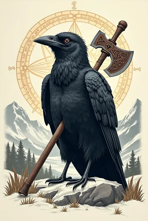 Nordic drawing of a raven holding an axe with a Nordic compass behind it 