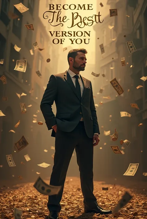 Money notes floating. Coins are on the ground. He is ultimately rich. He is posing a gentleman pose with one hand in his pocket. Become the best version of you is written in a fancy clear bold font style.