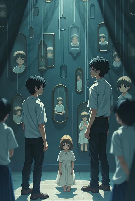 two boys and a girl anime , A dozen mirrors of different shapes reflected their faces, but something was not right: his reflections smiled, even when they didn&#39;t.