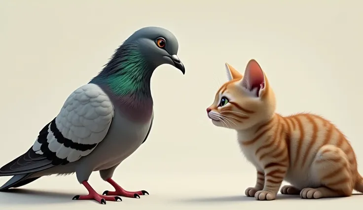 A close-up of the pigeon, tilting its head slightly, with a wary expression on its face. The pigeon is thinking deeply, its wings slightly ruffled as it listens to the cat’s sweet words. The cat is shown far below, smiling up at the pigeon.