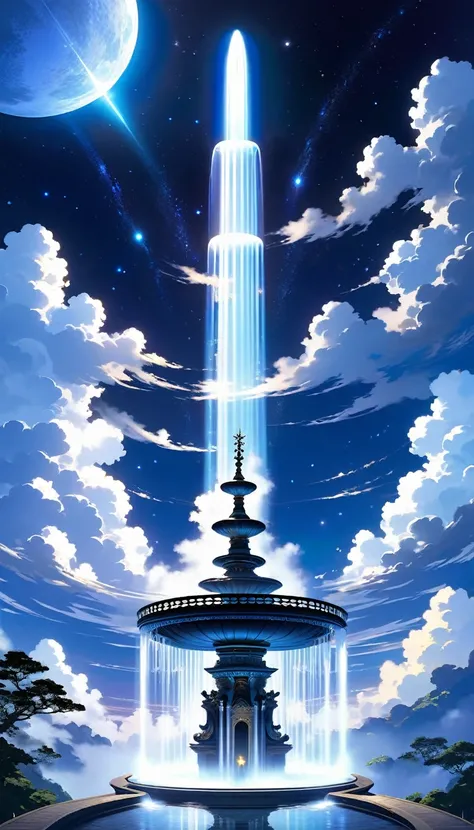 (A spectacular astronomy science fiction、Above the clouds in the night sky )。Silvery shining water column，The whole fountain looks mysterious.。 Fountain Shape&#39;The water column is also very futuristic...，(Line art:1.5)，Rainbow Lines，A picture woven with...